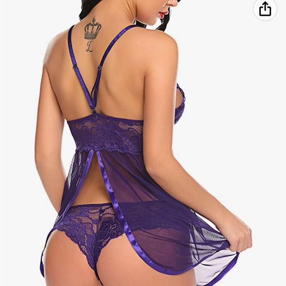 NWT purple halter chemise babydoll set in lace and mesh - Picture 4 of 6